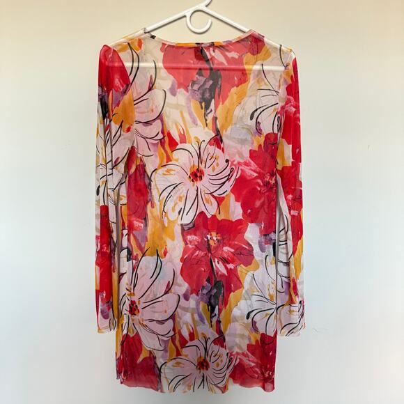 Womens Floral Mesh Top Size M Short Sleeve Sheer Beach Y2K Colorful Coastal - Picture 5 of 5